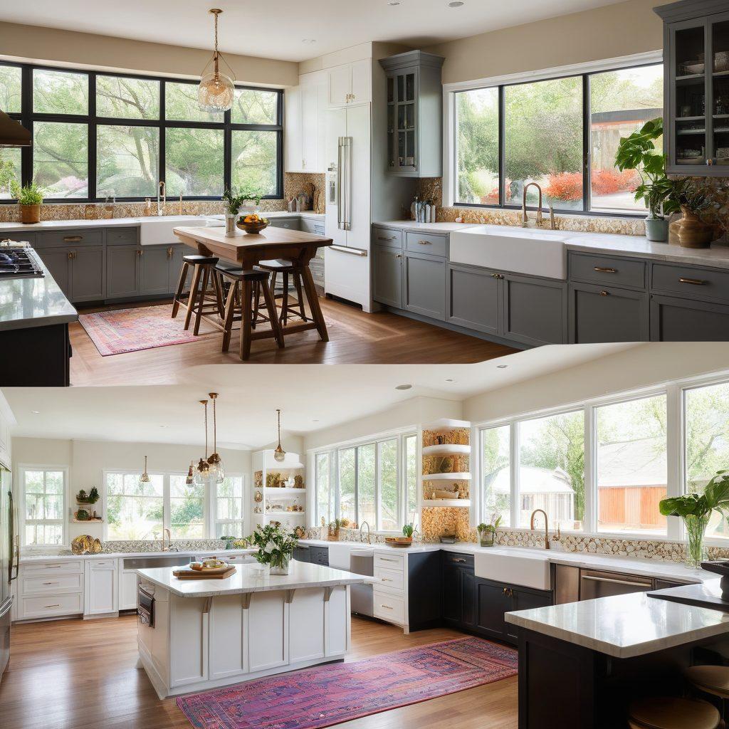 A beautifully renovated room showcasing before and after transformations, featuring a modern kitchen with sleek cabinets, chic living room decor, and a stylish outdoor patio. Include tools like paintbrushes and floor samples scattered around to emphasize renovation steps, with sunlight streaming through large windows. Bright colors highlighting the new elements, contrasting with a muted before section. super-realistic. vibrant colors.