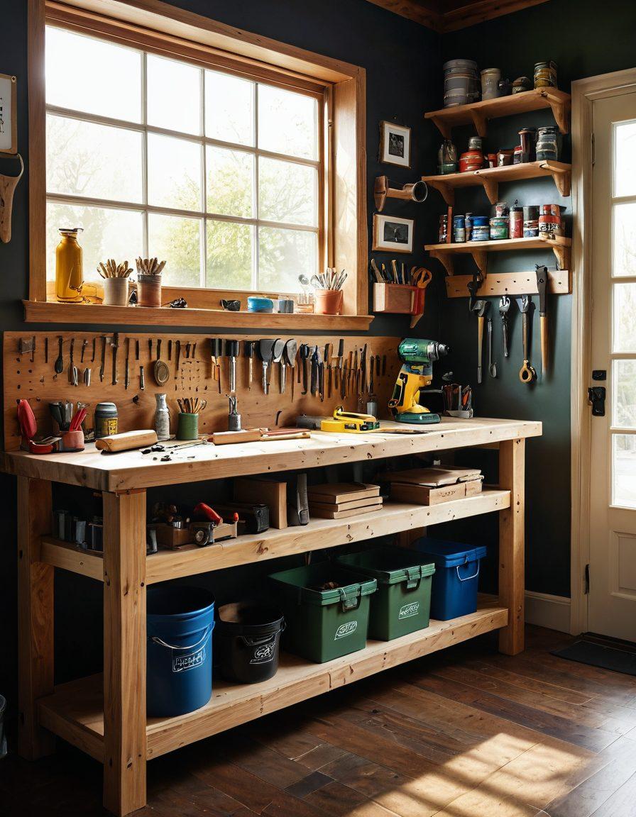 A well-organized home workshop filled with essential DIY tools like a power drill, saw, and measuring tape displayed on a wooden workbench surrounded by various renovation materials such as paint cans and wood planks. Bright sunlight streams through a large window, casting dynamic shadows and highlighting the textures of the materials. A friendly, inviting atmosphere invites viewers to explore their DIY potential. super-realistic. vibrant colors. warm lighting.